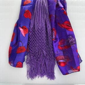 Red Hat Society Scarf Lot of 3 Purple With Red Hats & Sheer Fish Net Fringe